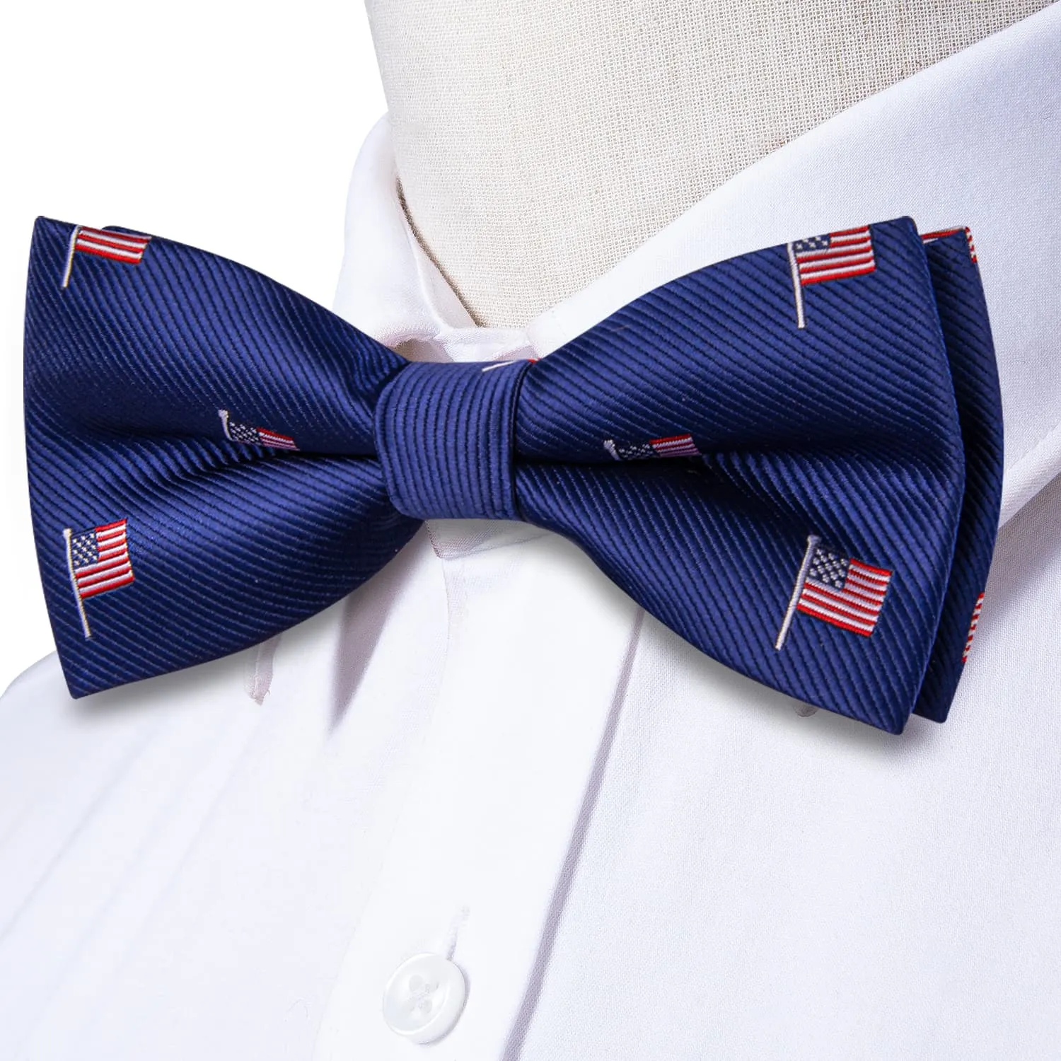 Ties2you Tuxedo Bow Tie Blue American Flag Solid Silk Men's Business Pre-tied Bowtie Set sold by Ties2You product image thumbnail 3