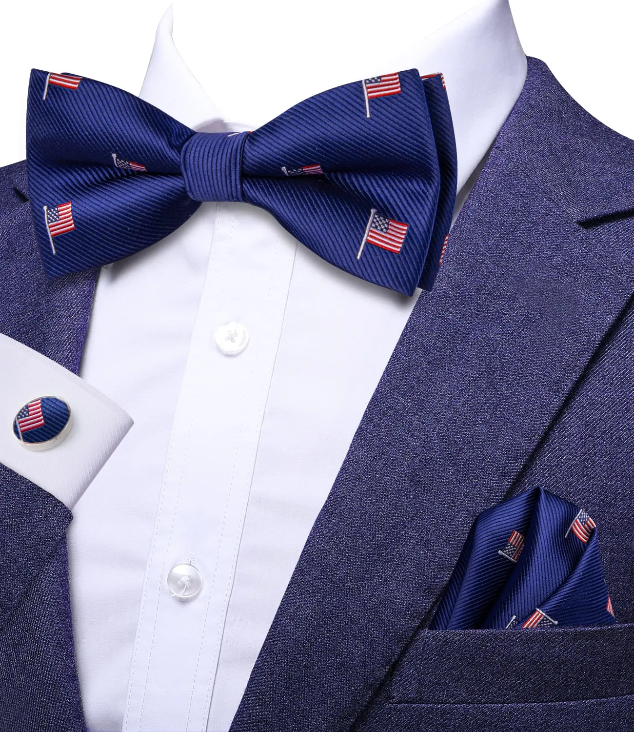 Ties2you Tuxedo Bow Tie Blue American Flag Solid Silk Men's Business Pre-tied Bowtie Set sold by Ties2You product image thumbnail 2