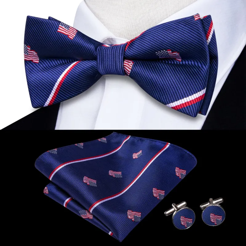 Ties2you Tuxedo Bow Tie Blue American Flag Striped Silk Men's Pre-tied Bowtie Set sold by Ties2You