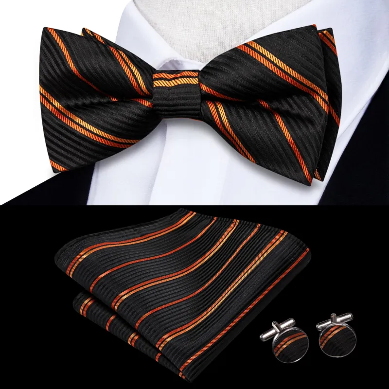 Ties2you Tuxedo Bow Tie Black Orange Striped Silk Men's Pre-tied Bowtie Set for Business sold by Ties2You