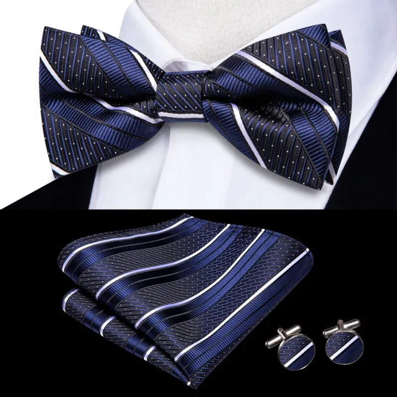 Ties2you Tuxedo Bow Tie Oxford Blue Striped Silk Men's Pre-tied Bowtie Set for Business sold by Ties2You