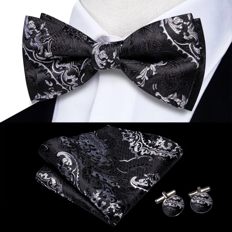 Ties2you Tuxedo Bow Tie Black Grey Floral Silk Men's Pre-tied Bowtie Pocket Square Cufflinks Set sold by Ties2You