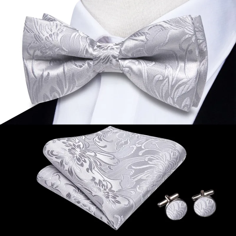 Ties2you Tuxedo Bow Tie Light Grey Floral Silk Men's Pre-tied Bowtie Pocket Square Cufflinks Set sold by Ties2You