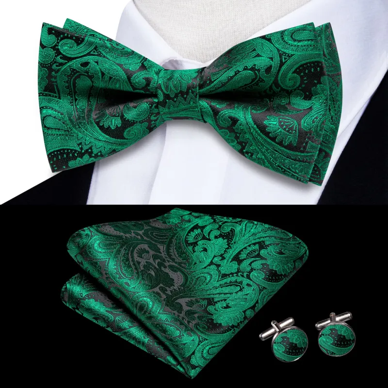 Ties2you Tuxedo Bow Tie Sea Green Paisley Silk Men's Pre-tied Bowtie Pocket Square Cufflinks Set sold by Ties2You