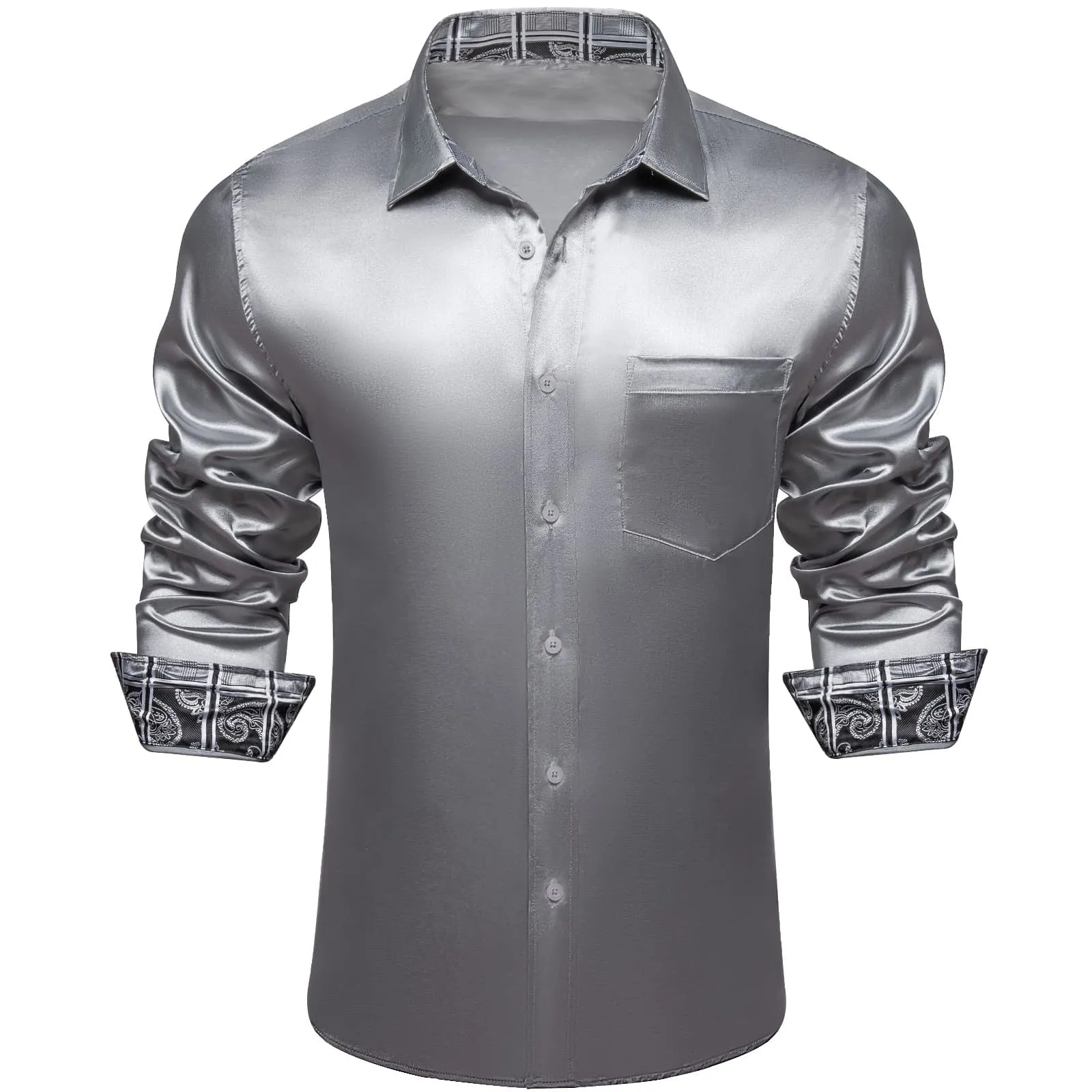 Ties2you Men's Splicing Shirt Trolley Grey Satin Solid Long Sleeve Button Down Shirt sold by Ties2You
