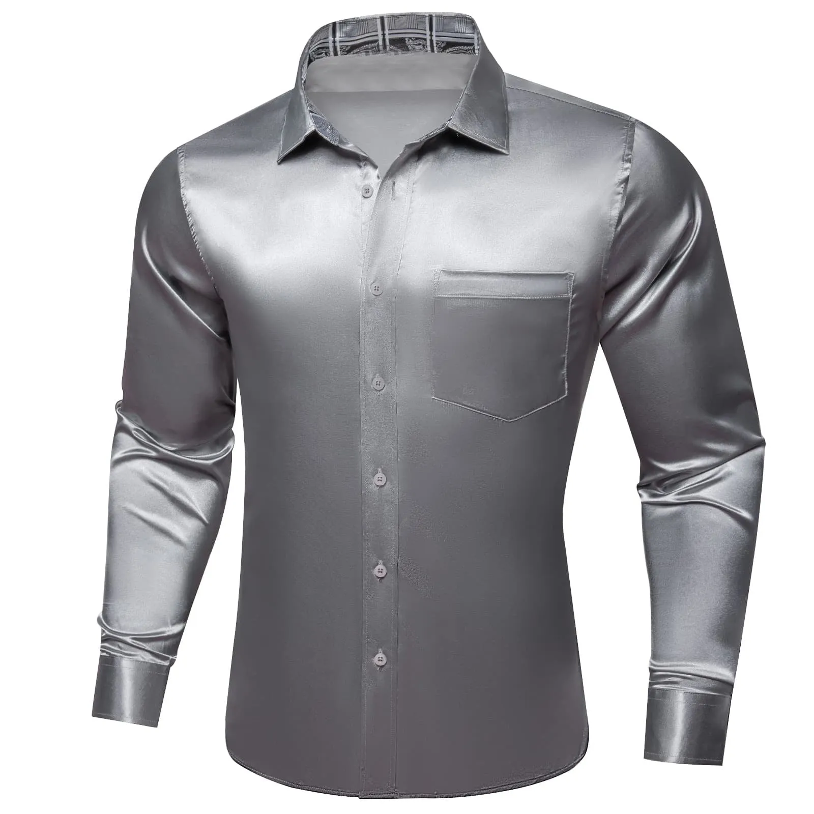 Ties2you Men's Splicing Shirt Trolley Grey Satin Solid Long Sleeve Button Down Shirt sold by Ties2You product image thumbnail 2