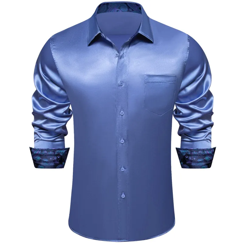 Ties2you Men's Shirt Glaucous Blue Satin Solid Long Sleeve Splicing Shirt for Work sold by Ties2You
