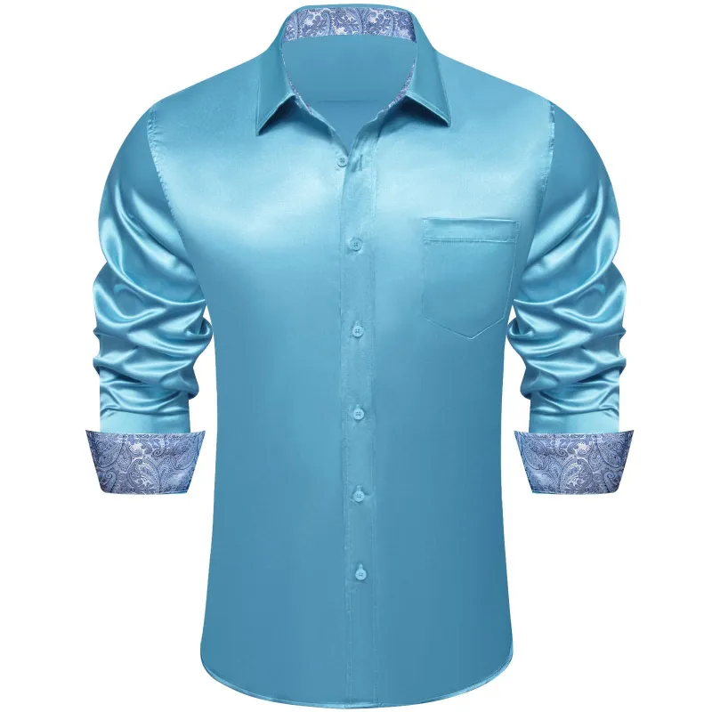Ties2you Men's Shirt Sky Blue Satin Solid Long Sleeve Button Down Splicing Shirt sold by Ties2You