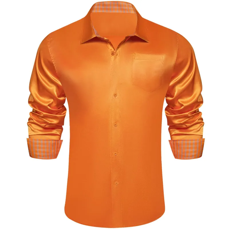 Ties2you Men's Shirt Cadmium Orange Satin Solid Long Sleeve Splicing Shirt sold by Ties2You