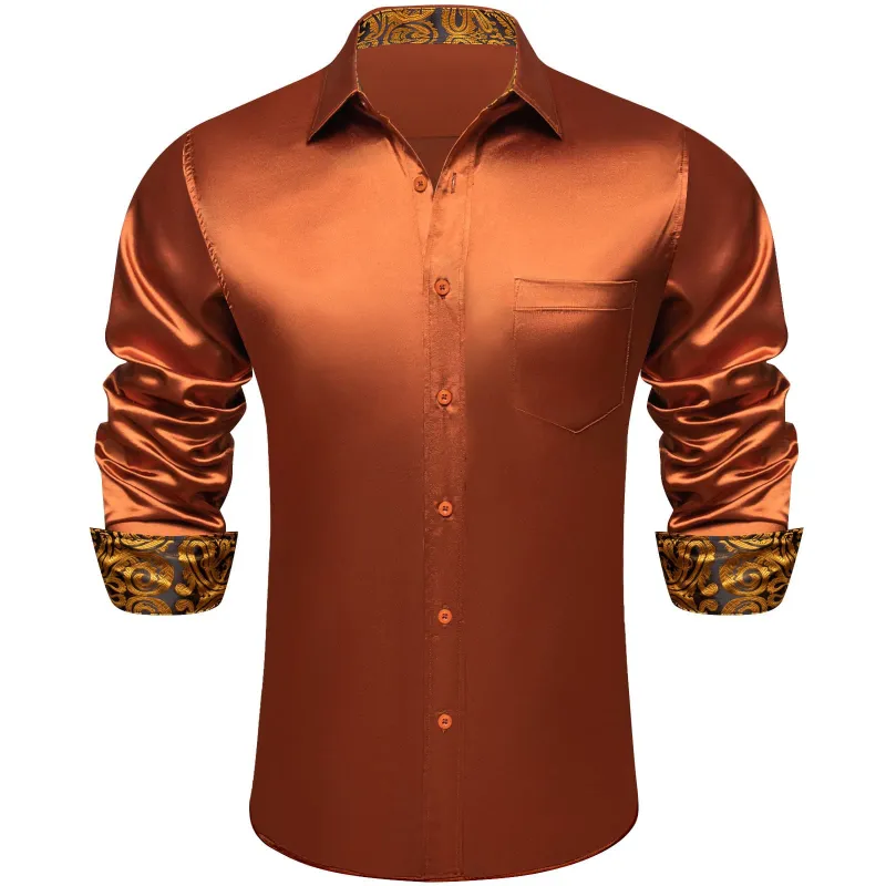 Ties2you Copper Gold Splicing Shirt Mens Satin Long Sleeve Button Down Casual Shirt sold by Ties2You