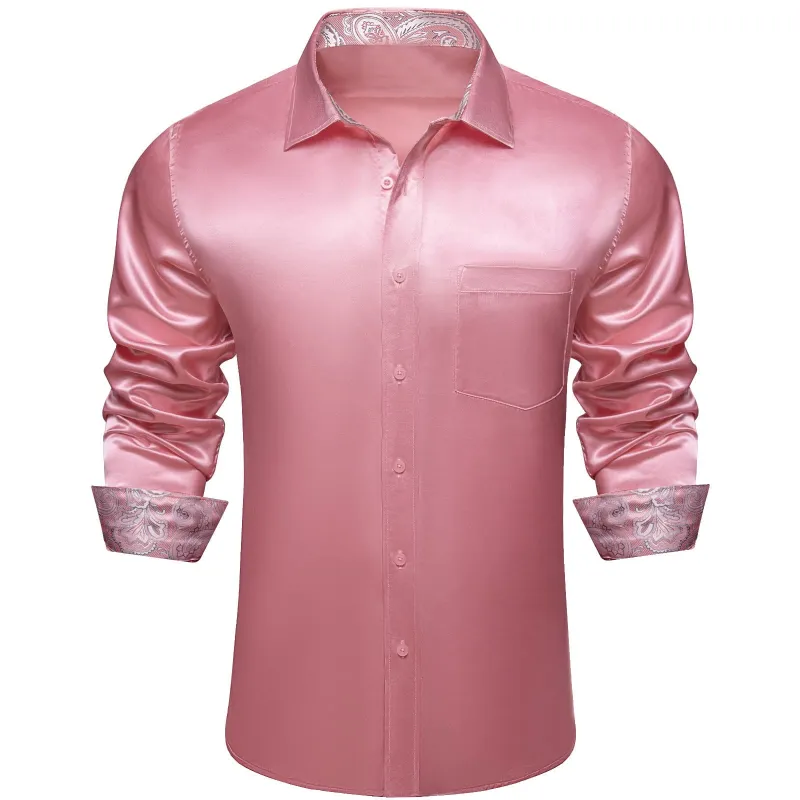 Ties2you Men's Shirt Mauvelous Pink Satin Solid Long Sleeve Splicing Work Shirt sold by Ties2You
