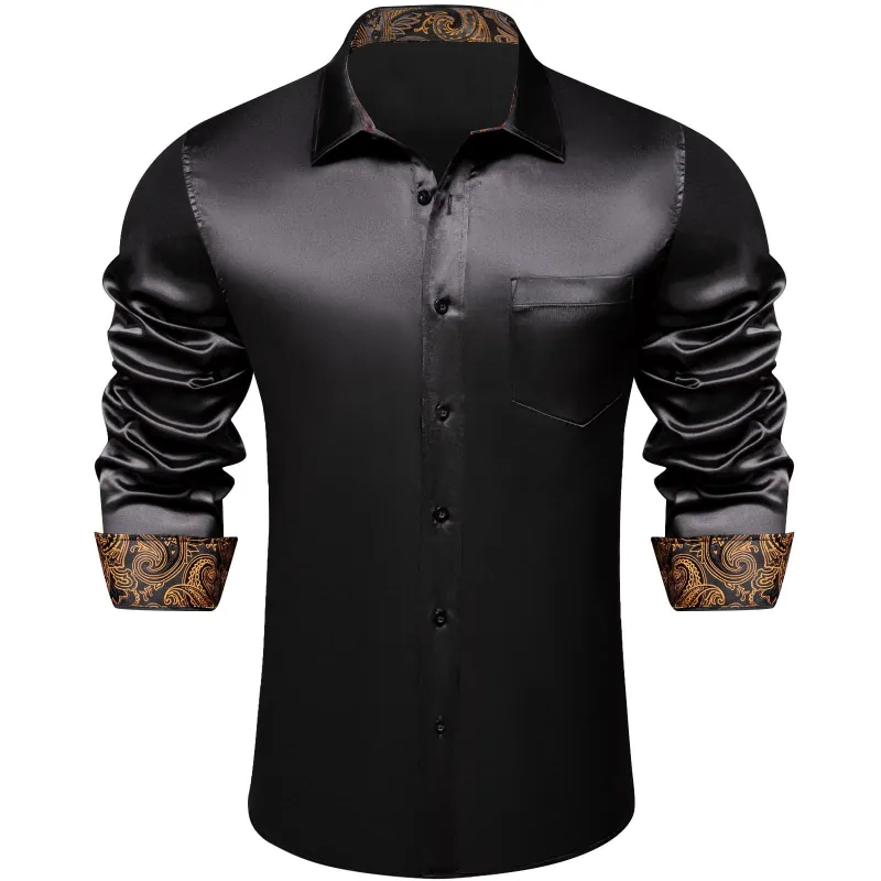 Ties2you Men's Shirt Classic Black Satin Solid Long Sleeve Splicing Work Shirt sold by Ties2You