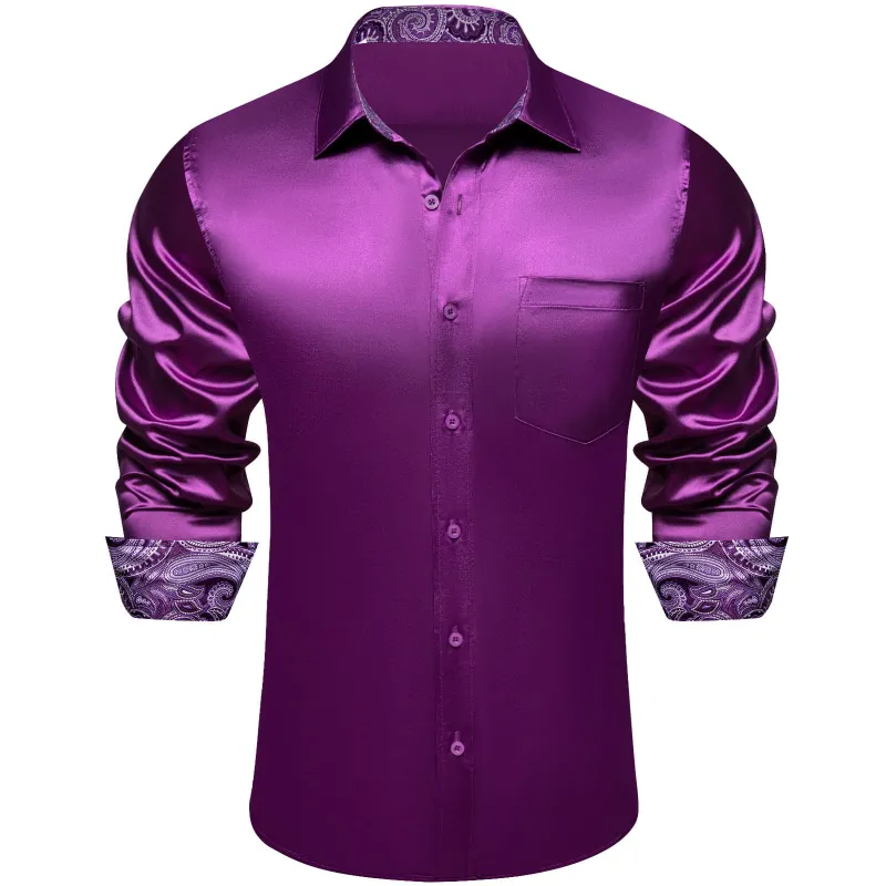 Ties2you Men's Shirt Byzantium Purple Satin Solid Long Sleeve Splicing Shirt made by Ties2You