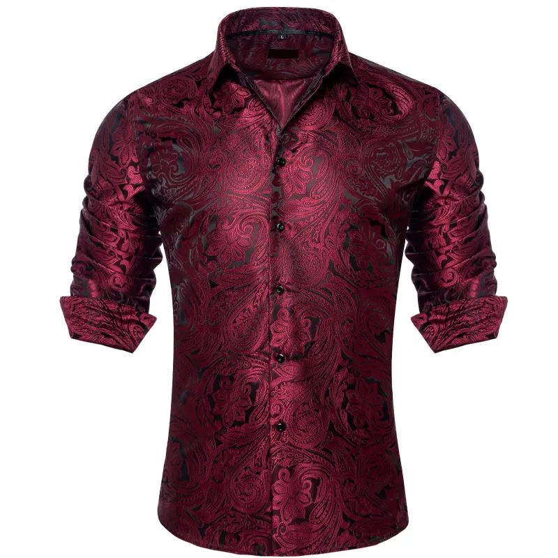 Ties2you Mens Wine Dress Shirt Paisley Silk Long Sleeve Button Down Formal Shirt sold by Ties2You