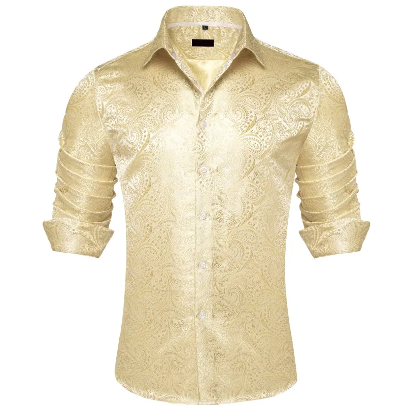 Ties2you Silk Shirt Blond Yellow Paisley Button Down Mens Long Sleeve Dress Shirt Design sold by Ties2You