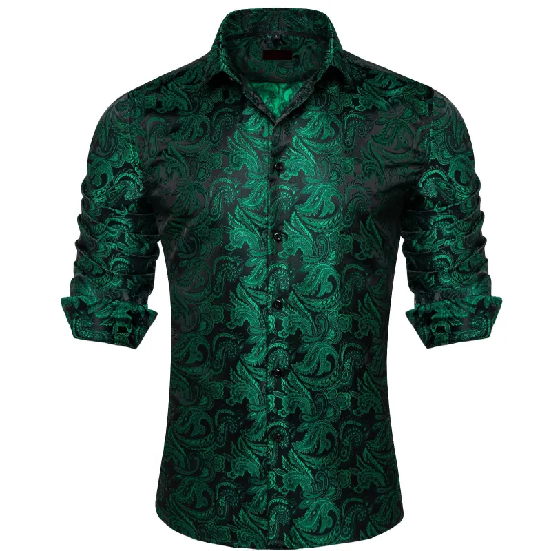 Ties2you Silk Shirt Forest Green Paisley Button Down Mens Long Sleeve Dress Shirt Design sold by Ties2You