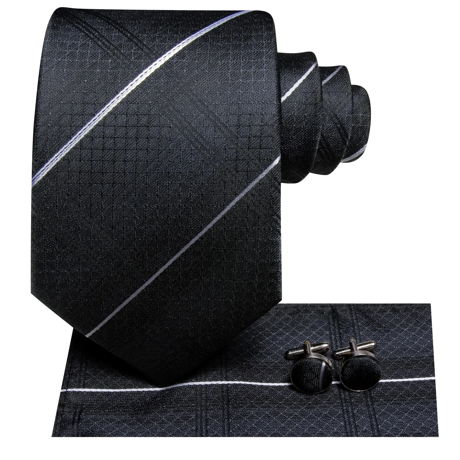 Ties2you Silk Tie Onyx Black Striped Mens Dress Tie Pocket Square Cufflinks Set sold by Ties2You product image thumbnail 3