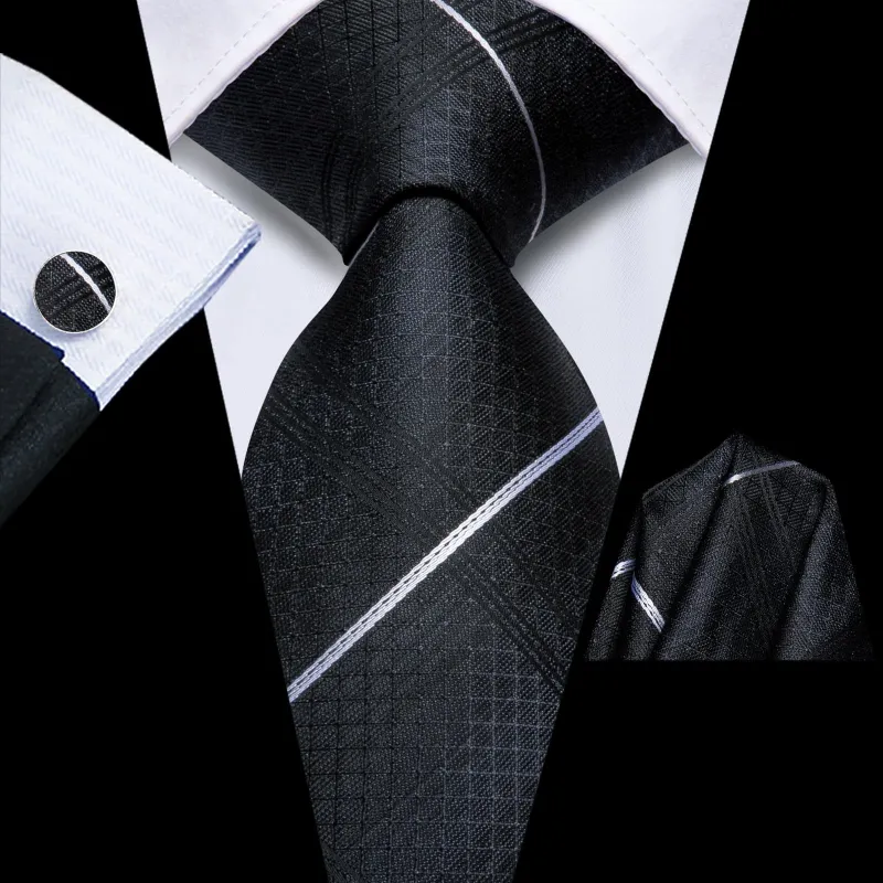 Ties2you Silk Tie Onyx Black Striped Mens Dress Tie Pocket Square Cufflinks Set sold by Ties2You