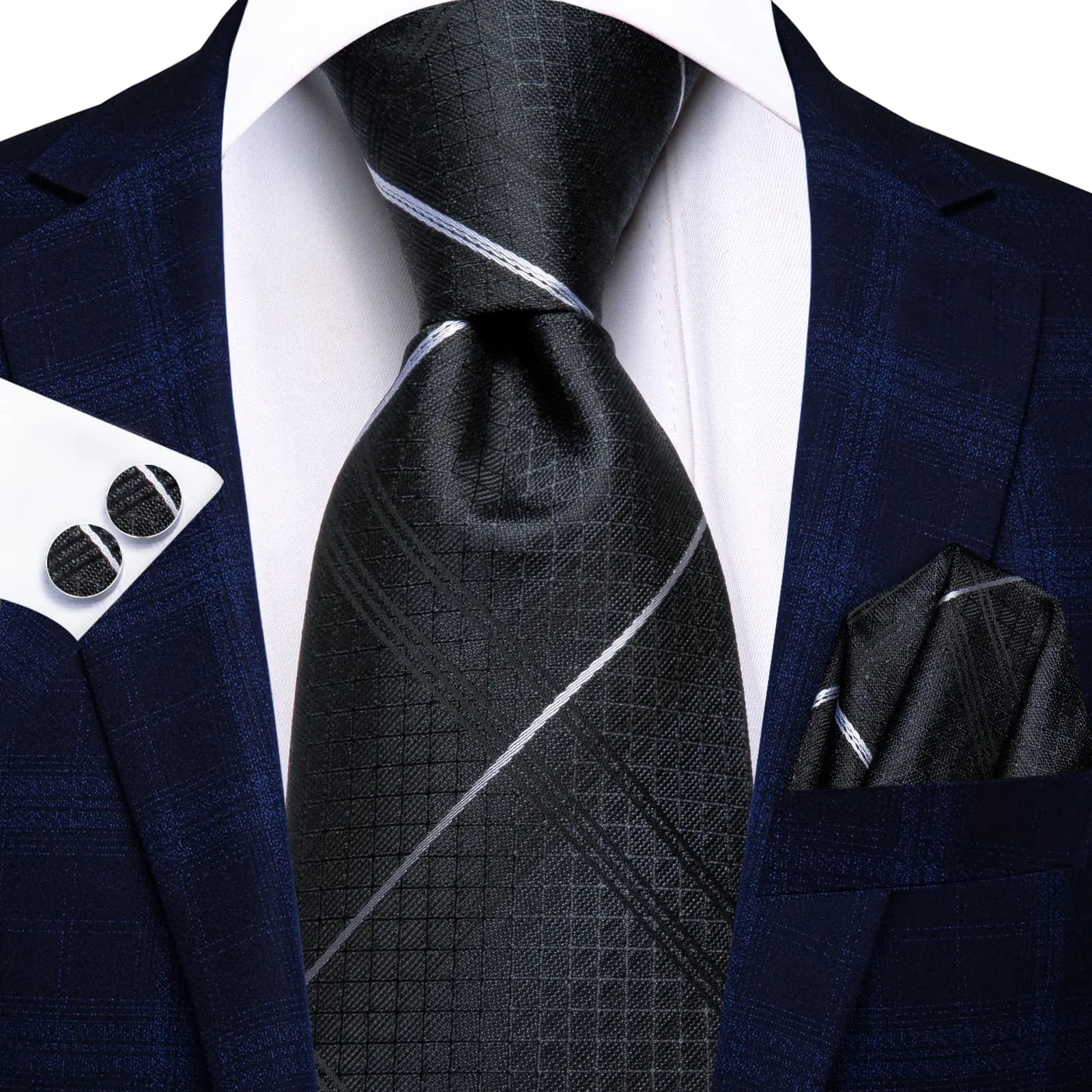 Ties2you Silk Tie Onyx Black Striped Mens Dress Tie Pocket Square Cufflinks Set sold by Ties2You product image thumbnail 2