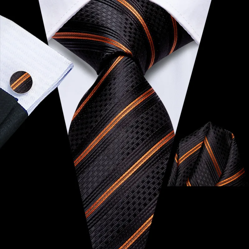 Ties2you Silk Tie Black Gold Striped Mens Dress Tie Pocket Square Cufflinks Set for Business sold by Ties2You