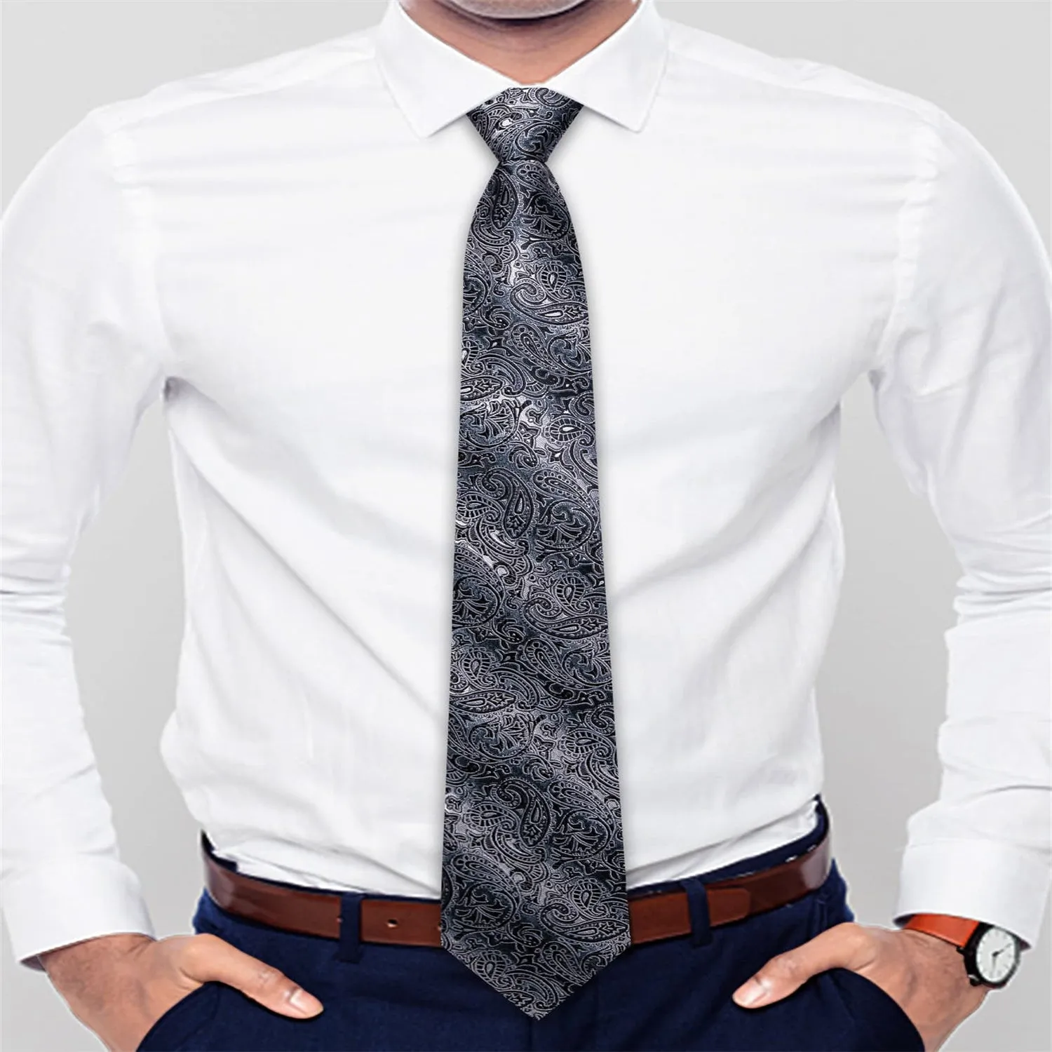 Ties2you Tie Top Black Grey Paisley Silk Lazy Mens Business Easy-pull Work Dresses Tie Set sold by Ties2You product image thumbnail 2