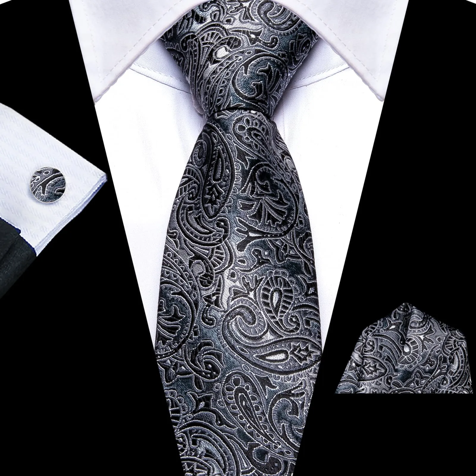 Ties2you Tie Top Black Grey Paisley Silk Lazy Mens Business Easy-pull Work Dresses Tie Set sold by Ties2You