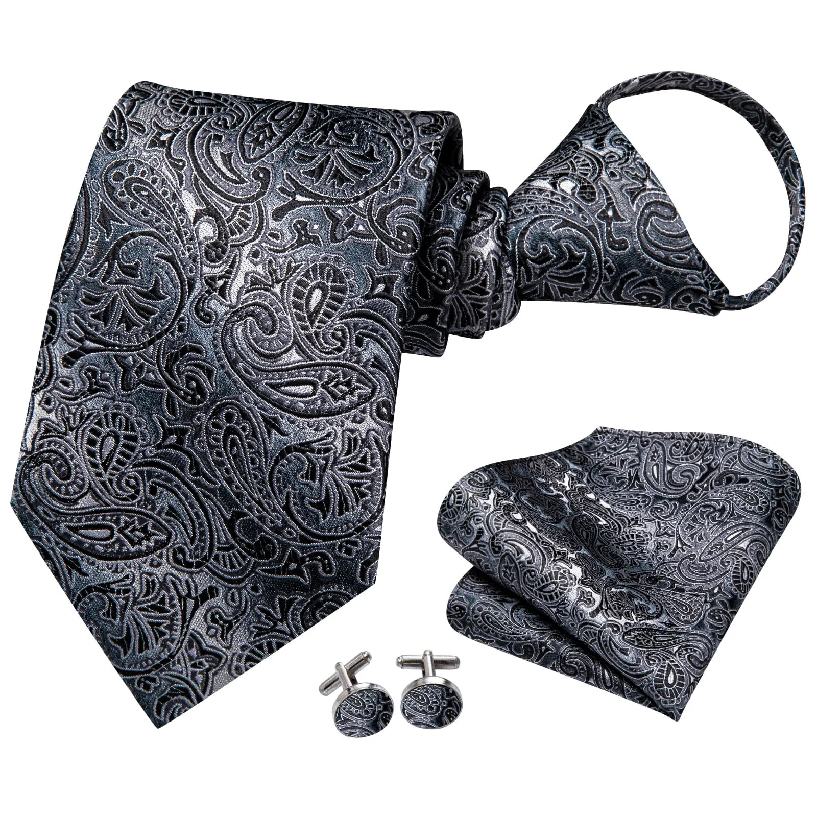 Ties2you Tie Top Black Grey Paisley Silk Lazy Mens Business Easy-pull Work Dresses Tie Set sold by Ties2You product image thumbnail 3
