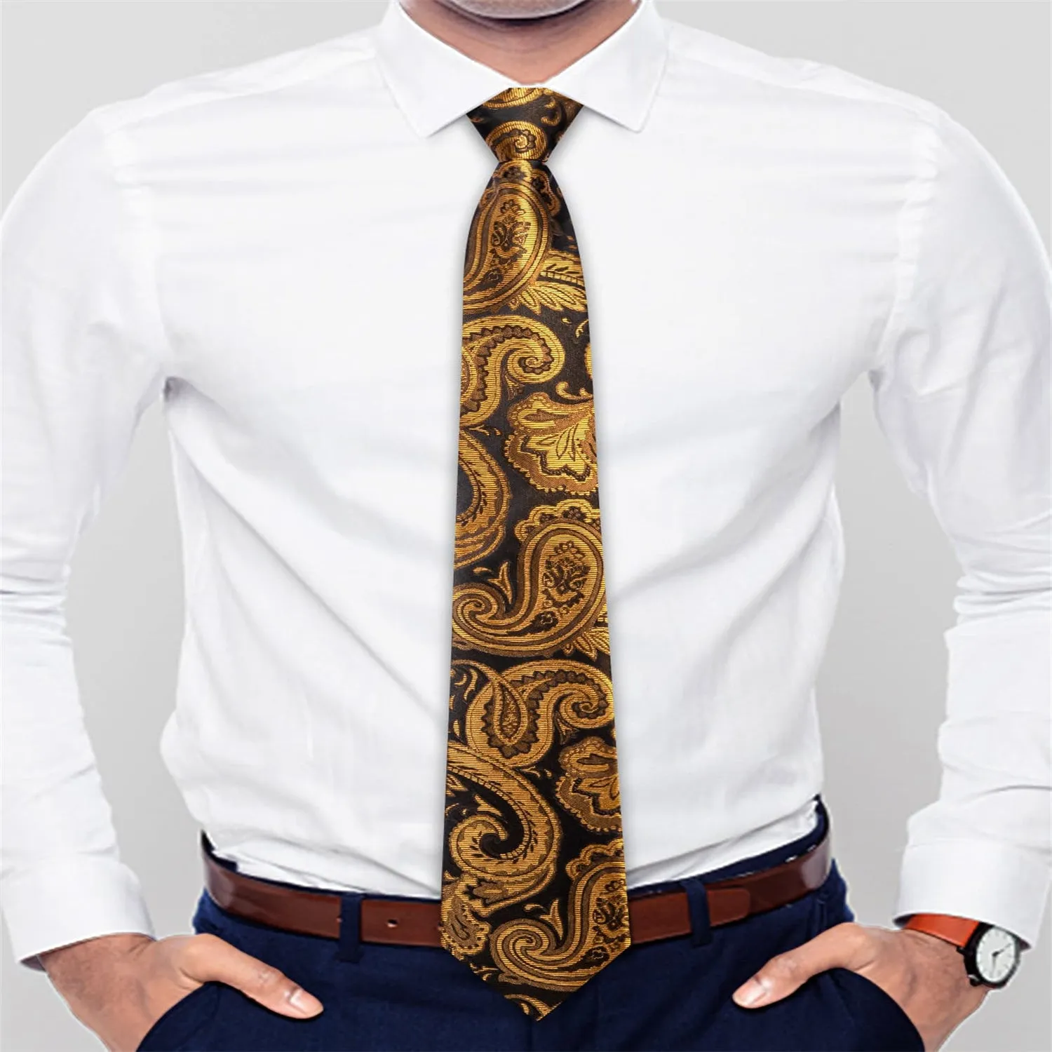 Ties2you Tie Top Golden Brown Paisley Silk Lazy Mens Business Easy-pull Work Dresses Tie Set sold by Ties2You product image thumbnail 2