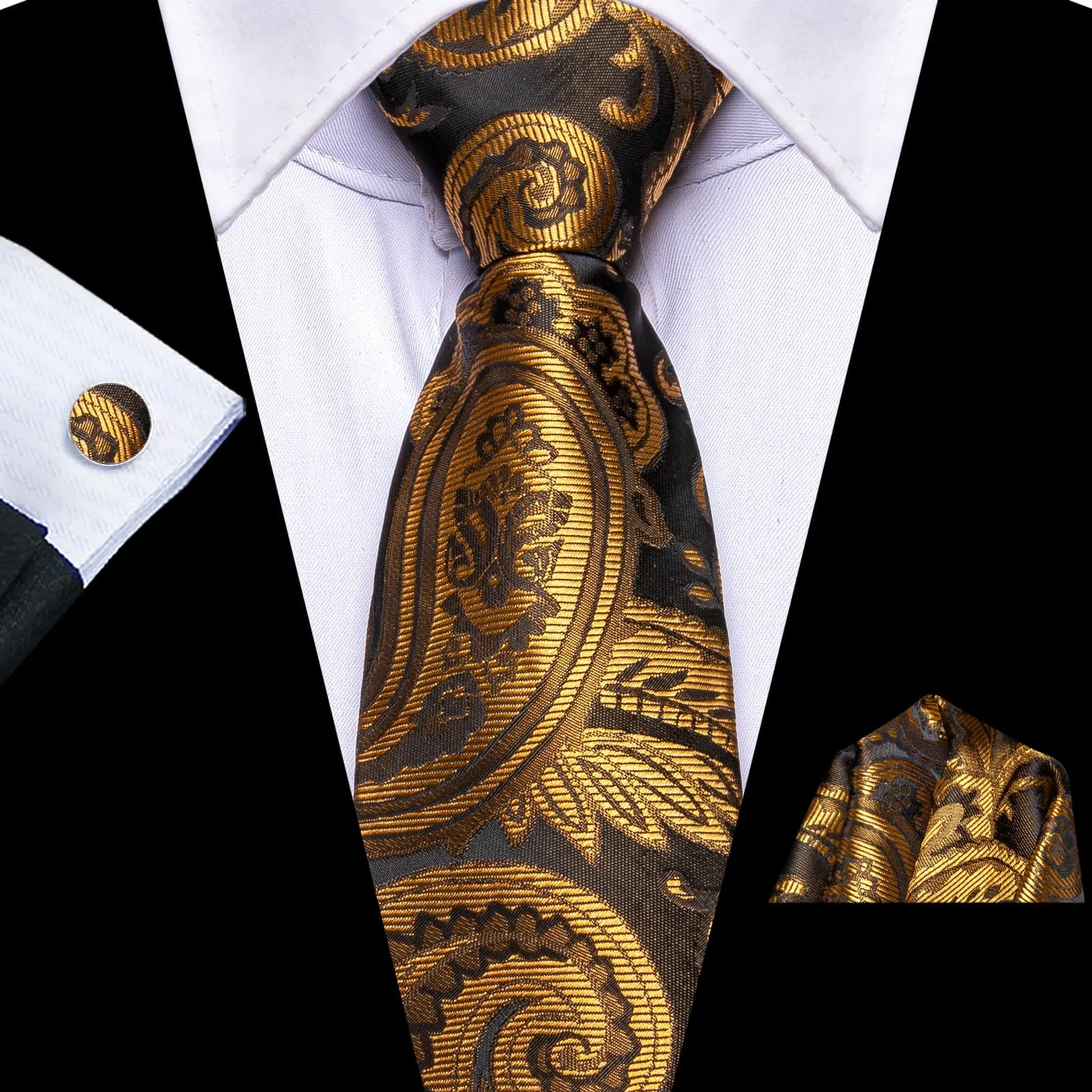 Ties2you Tie Top Golden Brown Paisley Silk Lazy Mens Business Easy-pull Work Dresses Tie Set sold by Ties2You
