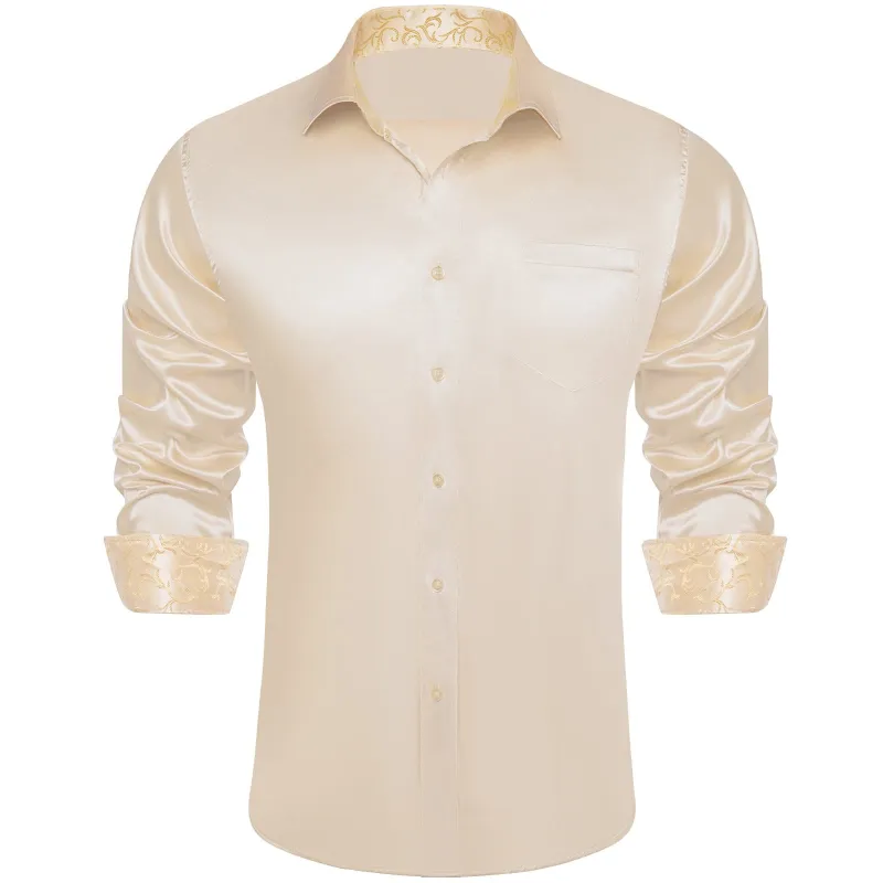 Ties2you Collared Shirt Almond White Satin Solid Long Sleeve Mens Splicing Shirt sold by Ties2You