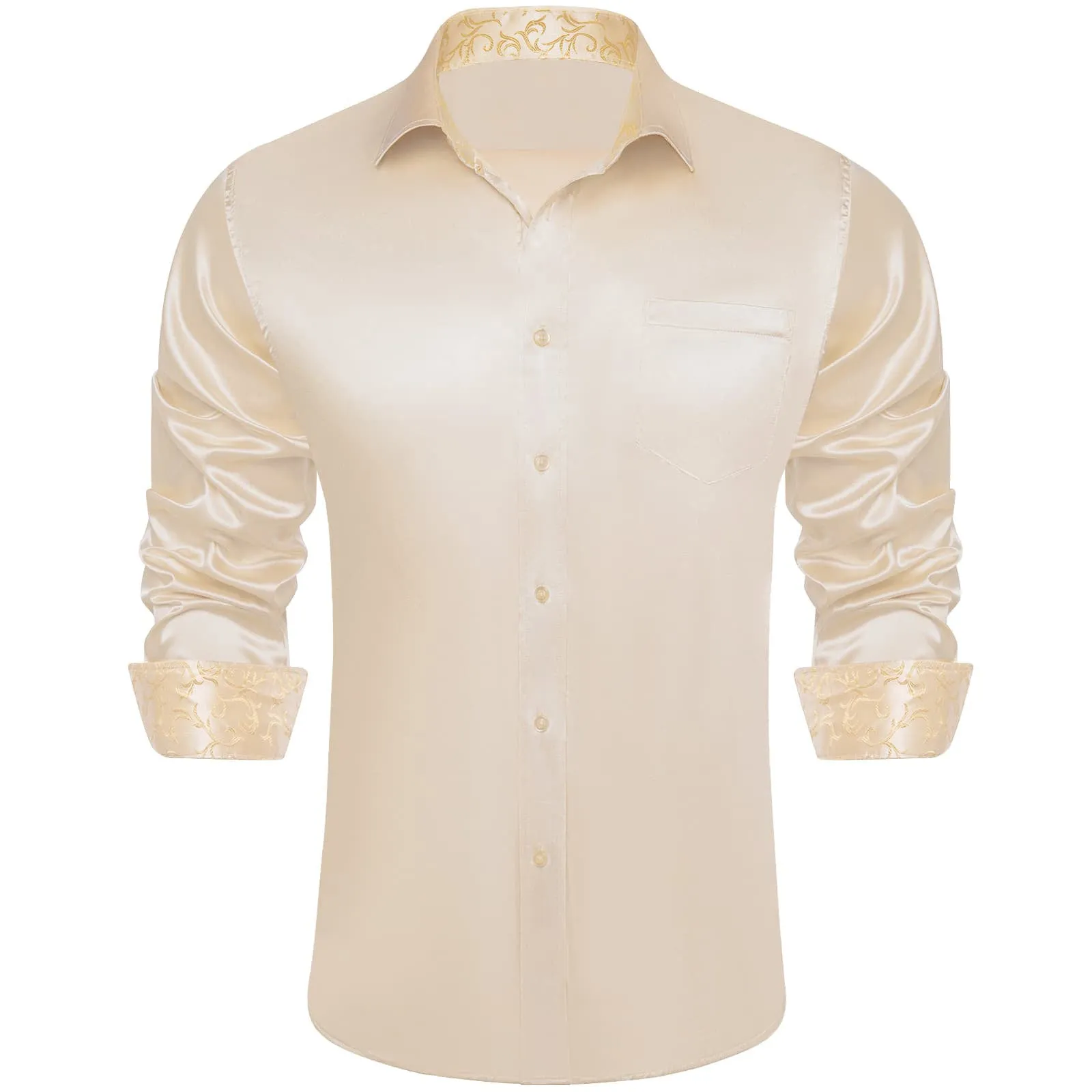 Ties2you Collared Shirt Almond White Satin Solid Long Sleeve Mens Splicing Shirt sold by Ties2You