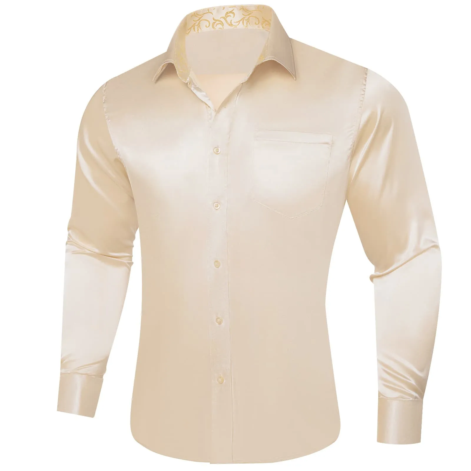 Ties2you Collared Shirt Almond White Satin Solid Long Sleeve Mens Splicing Shirt sold by Ties2You product image thumbnail 2