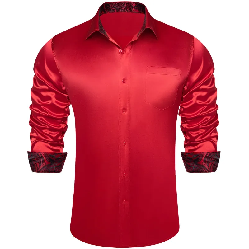 Ties2you Collared Shirt Crimson Red Satin Solid Long Sleeve Splicing Mens Shirt Top sold by Ties2You