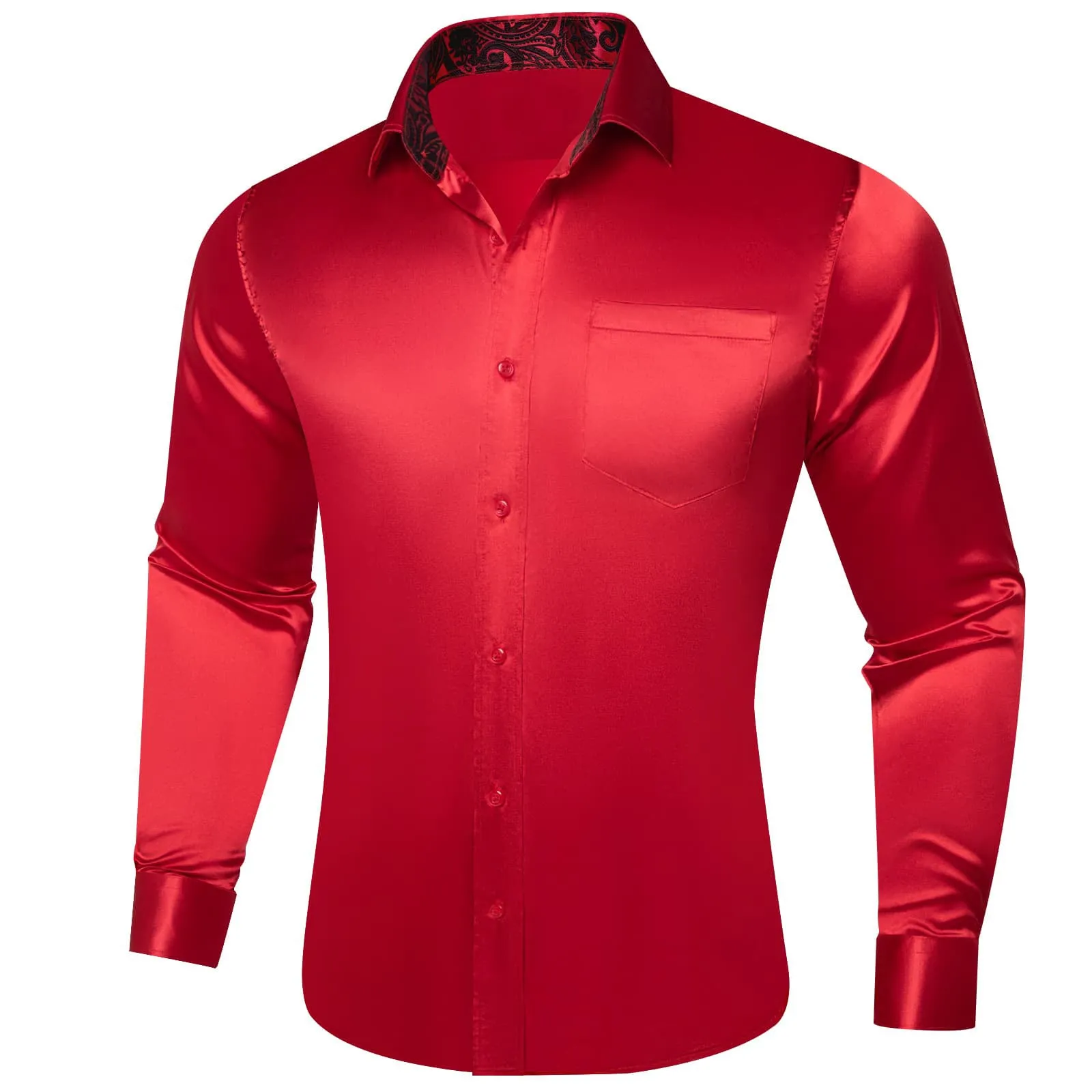 Ties2you Collared Shirt Crimson Red Satin Solid Long Sleeve Splicing Mens Shirt Top sold by Ties2You product image thumbnail 2
