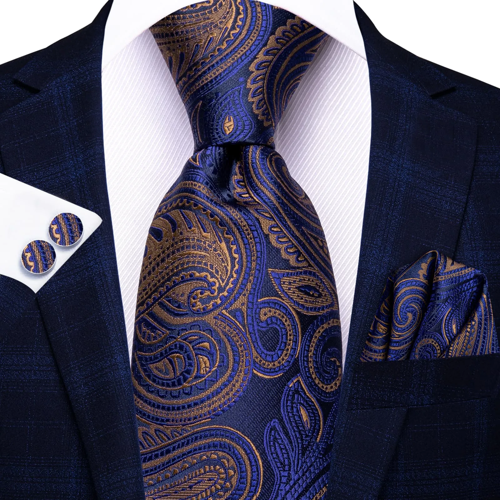 Ties2you Tie Top Navy Blue Brown Paisley Silk Mens Formal Business Ties Pocket Square Cufflinks Set sold by Ties2You product image thumbnail 2