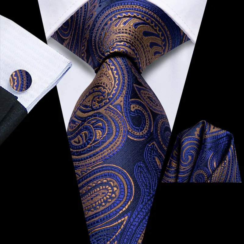 Ties2you Tie Top Navy Blue Brown Paisley Silk Mens Formal Business Ties Pocket Square Cufflinks Set made by Ties2You