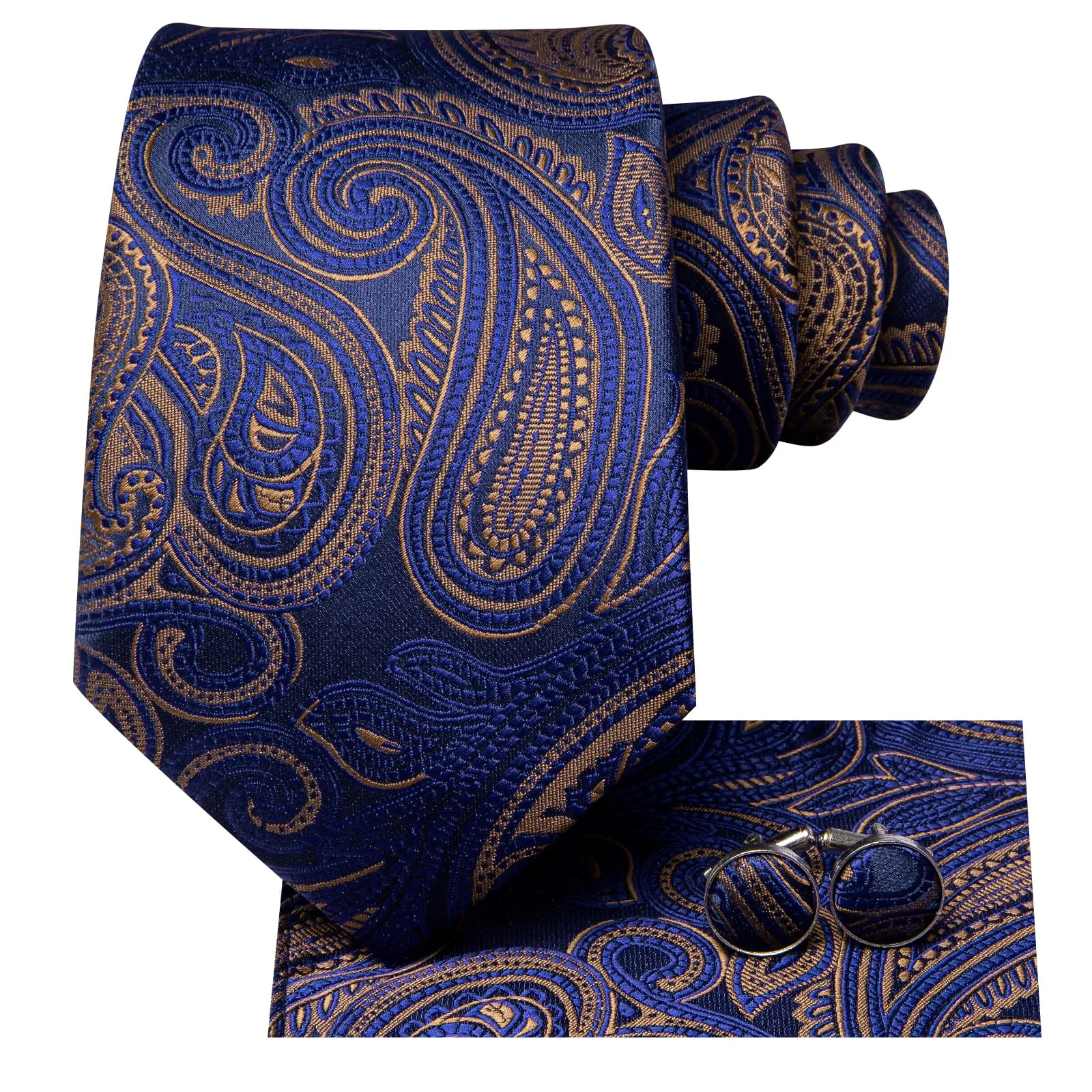Ties2you Tie Top Navy Blue Brown Paisley Silk Mens Formal Business Ties Pocket Square Cufflinks Set sold by Ties2You product image thumbnail 3