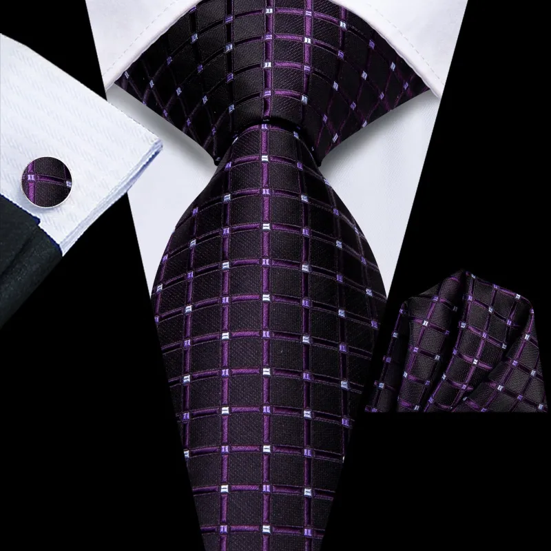 Ties2you Tie Top Eggplant Purple Plaid Silk Mens Formal Business Ties Pocket Square Cufflinks Set sold by Ties2You