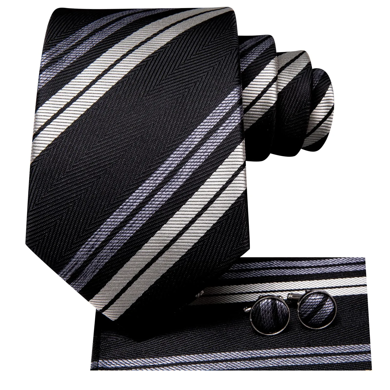 Ties2you Tie Top Black Grey Striped Silk Mens Business Work Ties Pocket Square Cufflinks Set sold by Ties2You product image thumbnail 3