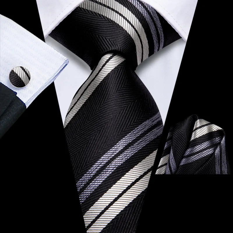 Ties2you Tie Top Black Grey Striped Silk Mens Business Work Ties Pocket Square Cufflinks Set sold by Ties2You