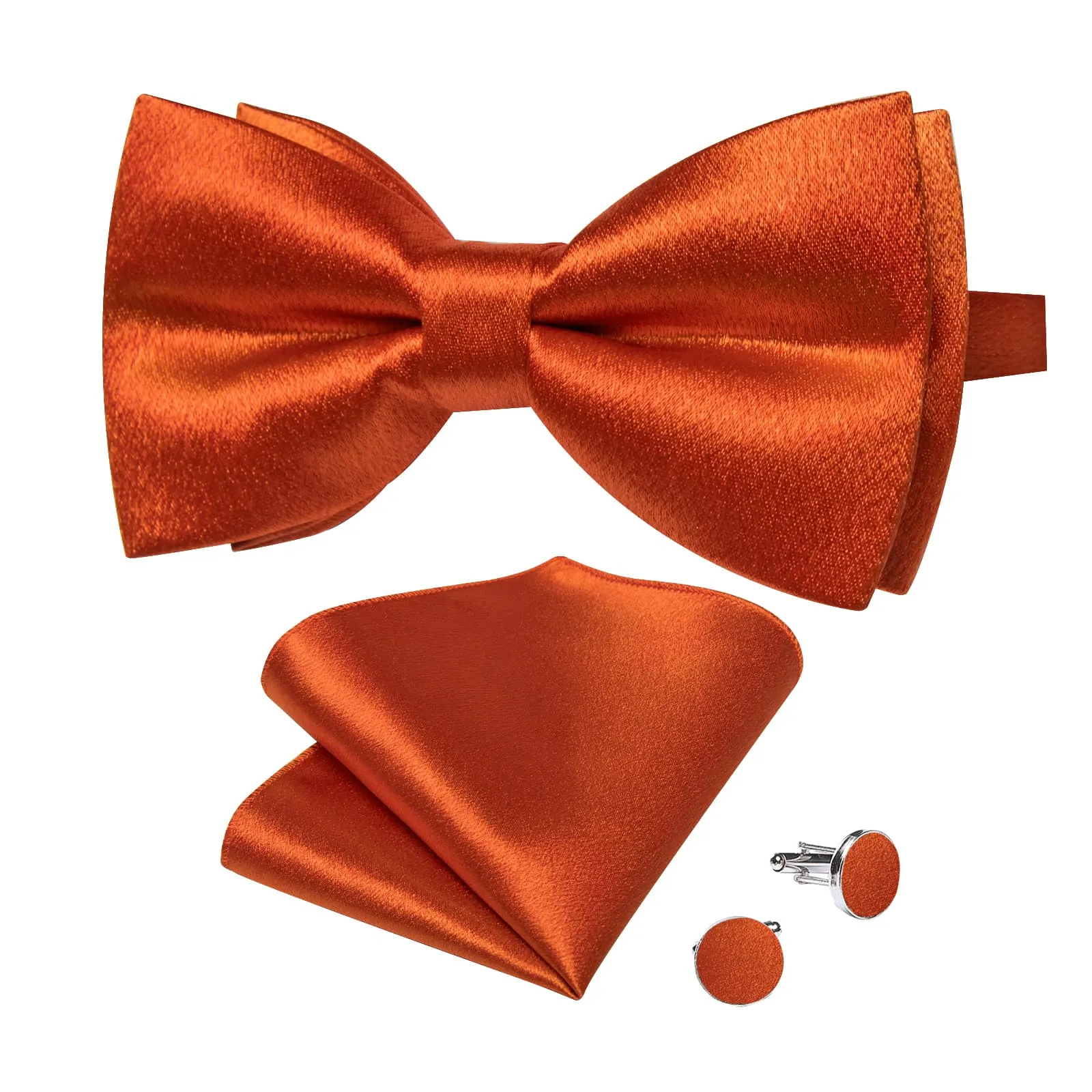 Ties2you Fire Orange Bow Tie Shining Solid Silk Men's Pre-tied Bowtie Handkerchief Cufflinks set sold by Ties2You product image thumbnail 4