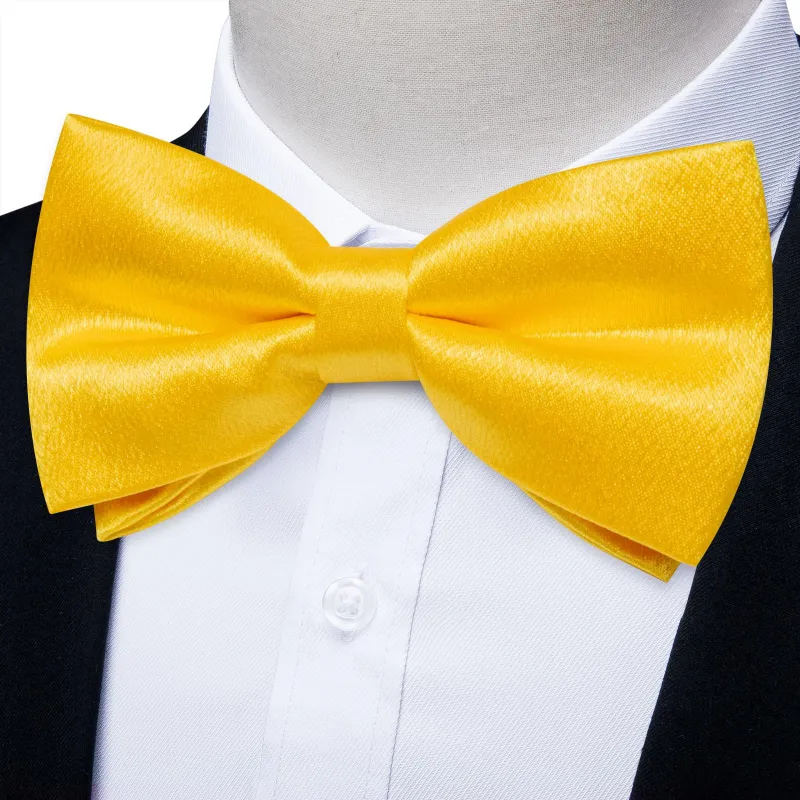 Ties2you Yellow Bow Tie Shining Solid Butter Silk Men's Pre-tied Bowtie Handkerchief Cufflinks set sold by Ties2You