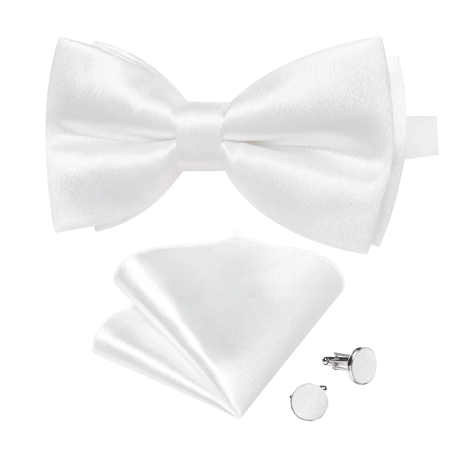 Ties2you White Bow Tie Shining Solid Silk Men's Pre-tied Bowtie Pocket Square Cufflinks set sold by Ties2You product image thumbnail 4