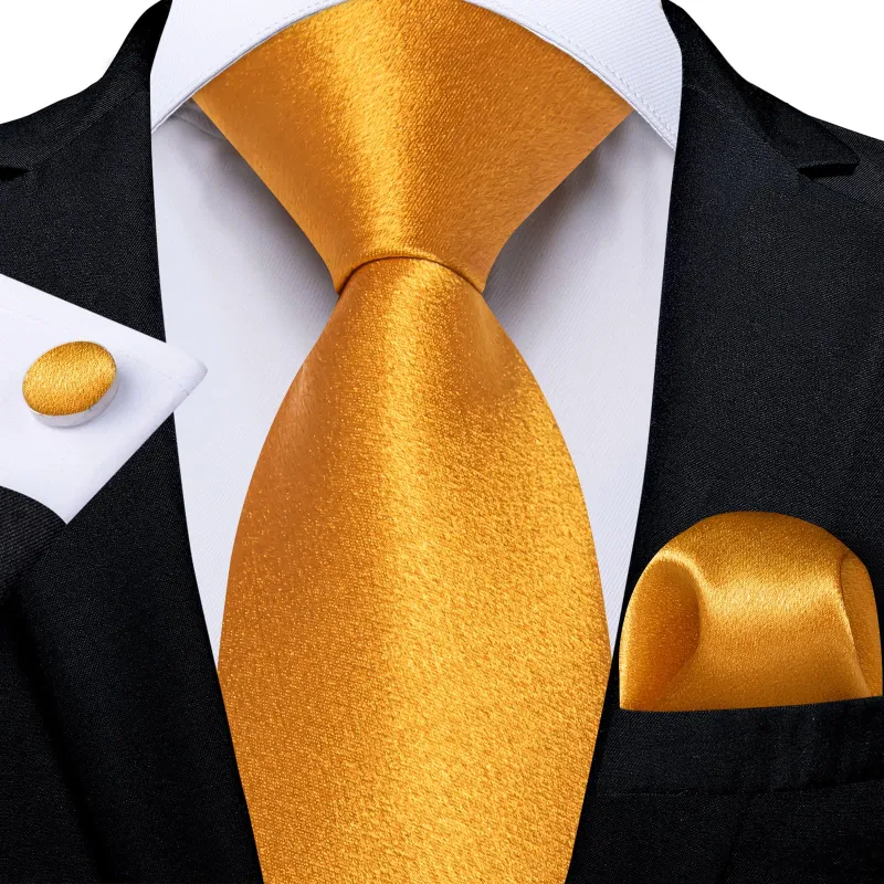 Ties2you Tie Top Business Solid Gold Yellow Silk Mens Tie Pocket Square Cufflinks Set for Formal sold by Ties2You