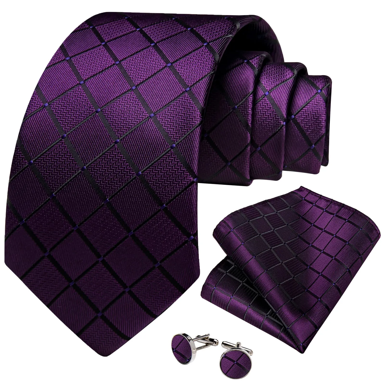 Ties2you Tie Top Dark Purple Plaid Silk Mens Tie Pocket Square Cufflinks Set for Formal sold by Ties2You product image thumbnail 2