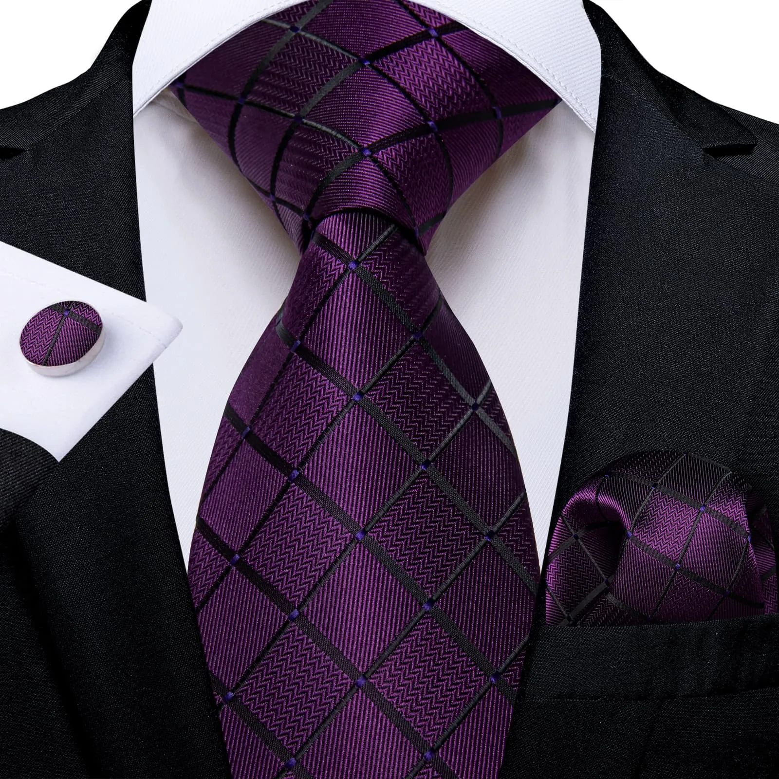 Ties2you Tie Top Dark Purple Plaid Silk Mens Tie Pocket Square Cufflinks Set for Formal sold by Ties2You