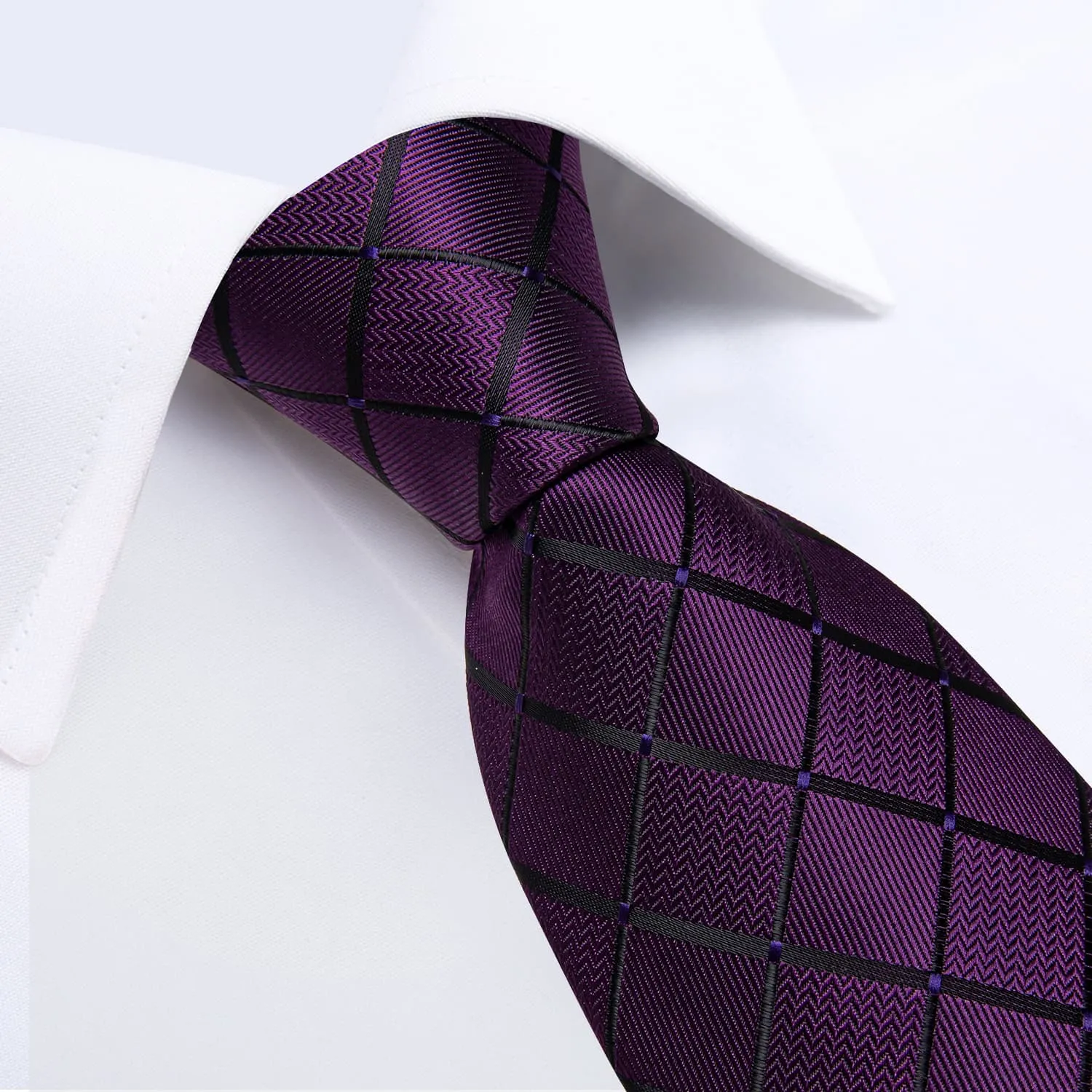 Ties2you Tie Top Dark Purple Plaid Silk Mens Tie Pocket Square Cufflinks Set for Formal sold by Ties2You product image thumbnail 3