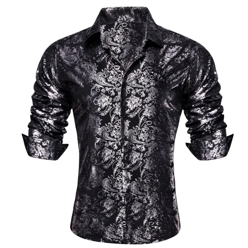 Ties2you Dress Shirt Black Silver Hot Stamping Floral Long Sleeve Button Up Mens Shirts sold by Ties2You