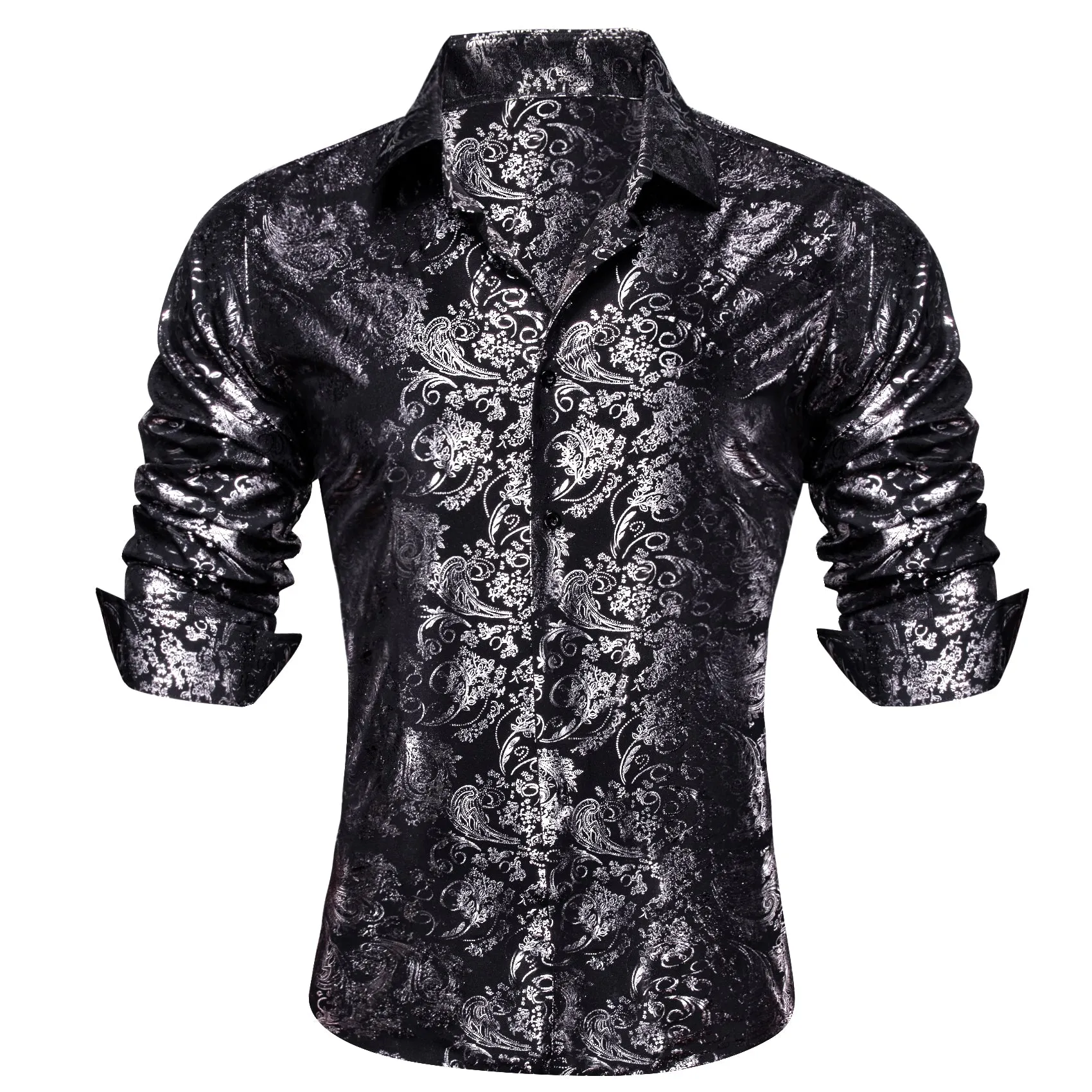 Ties2you Dress Shirt Black Silver Hot Stamping Floral Long Sleeve Button Up Mens Shirts sold by Ties2You