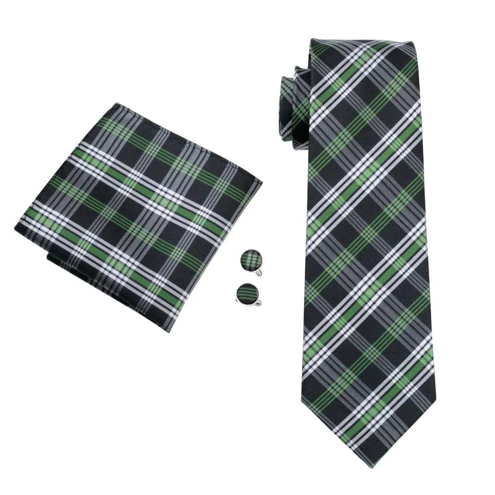 Classic Black Green White Plaid Tie Pocket Square Cufflinks Set sold by Ties2You product image thumbnail 3